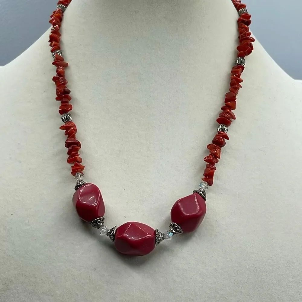 Vintage Coral chip statement necklace chunky boho.